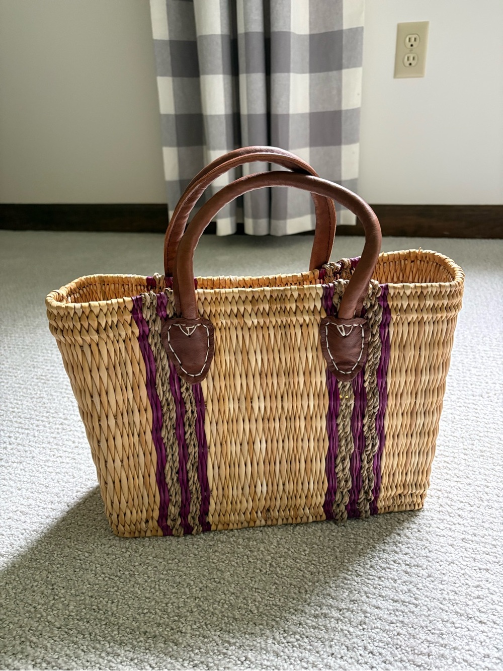 Woven Straw Tote Bag with Brown Leather Handles and Purple Accent